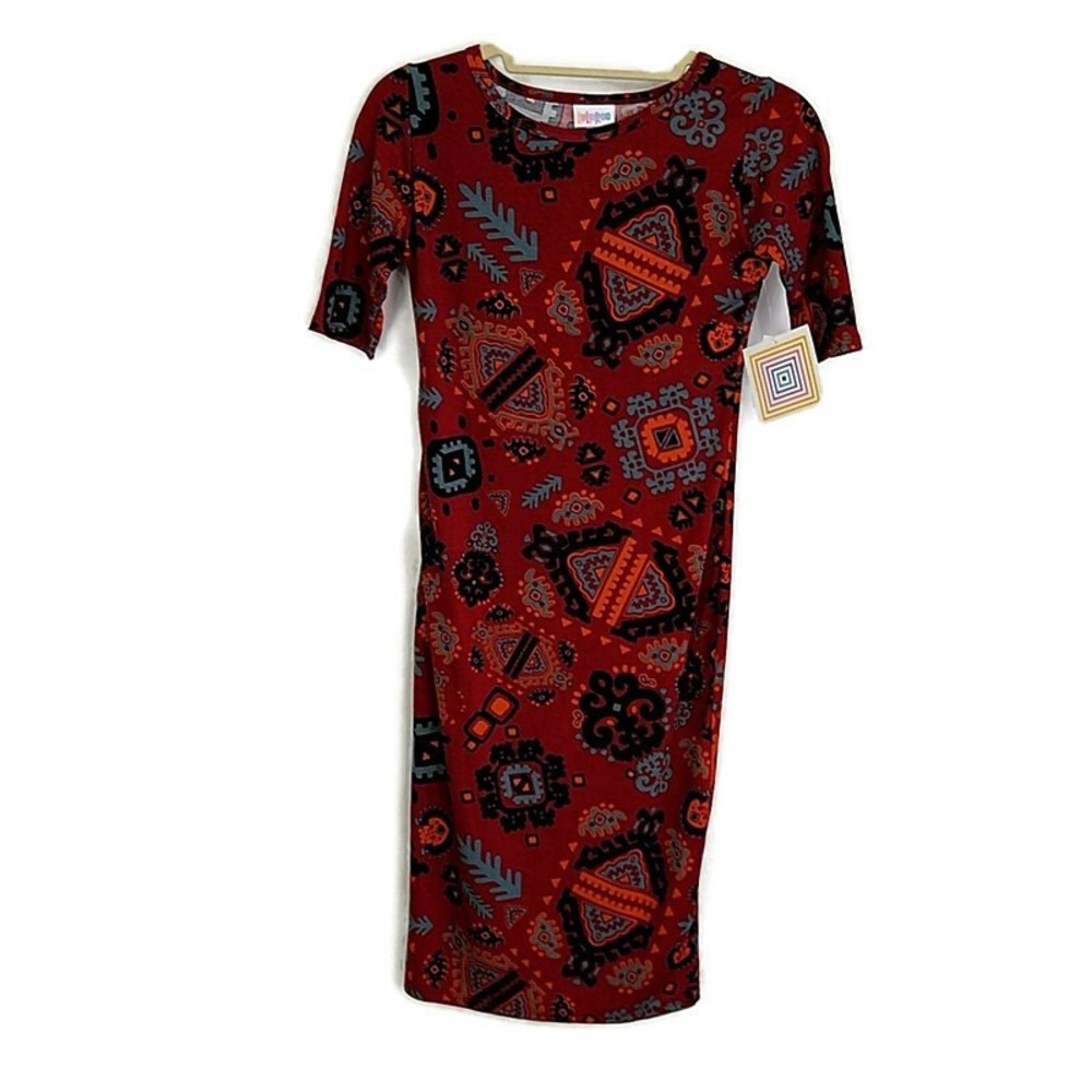 LuLaRoe Julia Dress Women XXS Burgundy Geometric Tribal Print Elbow Slv Sheath